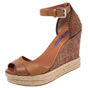 Pre Owned Ralph Lauren Brown Floral Leather Espadrille Wedge Platform Ankle Strap Sandals Size 37