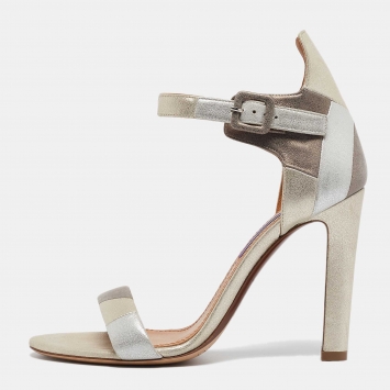 Pre Owned Ralph Lauren Metallic Tricolor Glitter Suede Ankle Strap Sandals Size 38