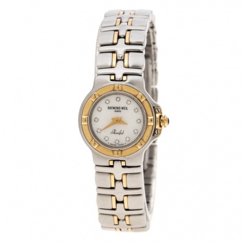 Pre Owned Raymond Weil White Mother of Pearl Stainless Steel Parsifal 9690/1 Women's Wristwatch 22 mm