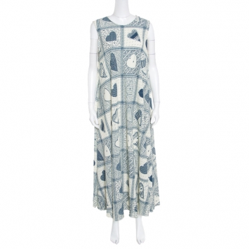 Pre Owned Red Valentino Beige and Blue Heart Printed Stretch Crepe Sleeveless Maxi Dress L