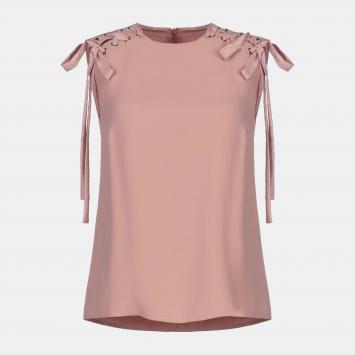 Pre Owned Red Valentino Pink Crepe Lace Detail Sleeveless Top S (IT 38)