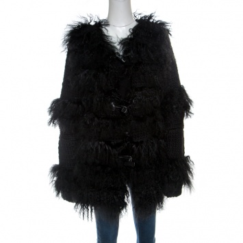 Pre Owned Red Valentino Black Tibet Sheep Fur Detail Wool Coat L