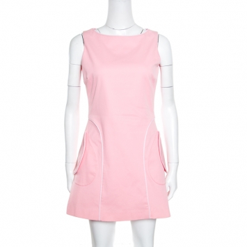 Pre Owned RED Valentino Pink Cotton Contrast Piping Bow Detail Sleeveless Dress M
