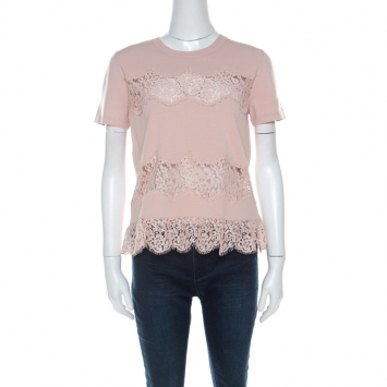 Pre Owned RED Valentino Blush Pink Knit Sheer Lace Paneled Crew Neck Top M