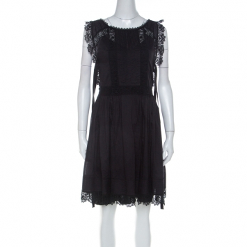 Pre Owned RED Valentino Black Cotton Pintucked Lace Trim Dress M