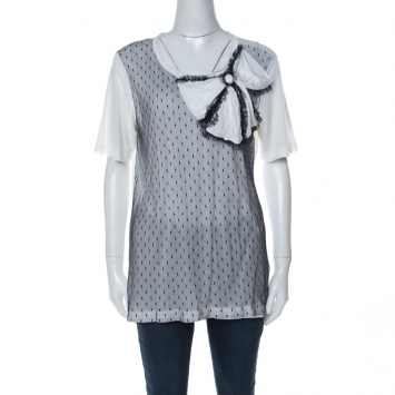 Pre Owned RED Valentino White Contrast Mesh Bow Detail T-Shirt XL