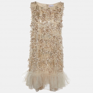 Pre Owned RED Valentino Light Gold Embellished Tulle Sleeveless Mini Dress M