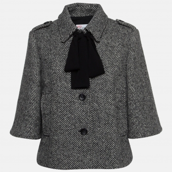 Pre Owned RED Valentino Monochrome Herringbone Wool Neck Tie Short Coat  L