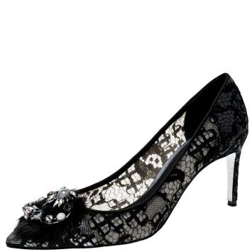 Pre Owned Rene Caovilla Dark Grey Lace and Mink Crystal Embellished Pointed Toe Pumps Size 37
