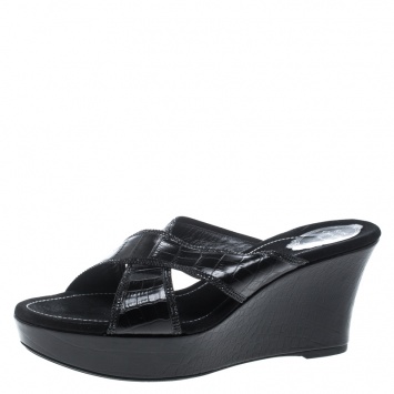 Pre Owned René Caovilla Black Leather Crystal Embellished Wedge Slides Size 42