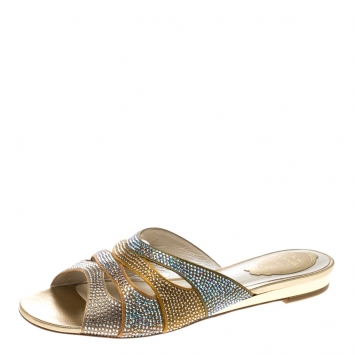 Pre Owned René Caovilla Multicolor Crystal Embellished Satin Flat Slides Size 37