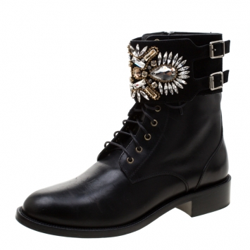 Pre Owned Rene Caovilla Black Leather And Crystal Embellished Suede Combat Boots Size 39.5