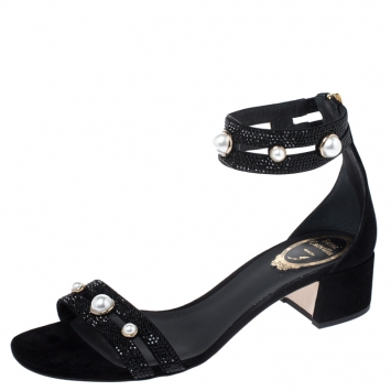 Pre Owned Rene Caovilla Black Suede Crystal And Pearl Embellished Block Heel Sandals Size 38