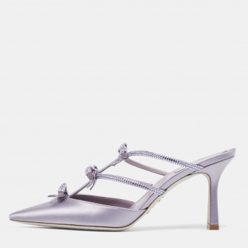 Pre Owned René Caovilla Purple Satin Bow Detail Crystal Embellished Strass Mules Size 38