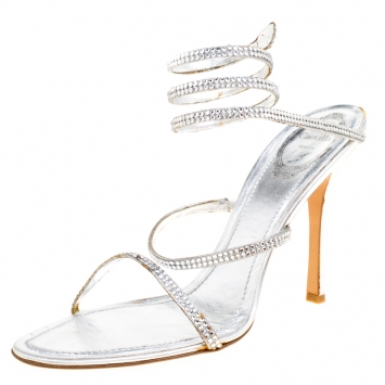 Pre Owned René Caovilla Metallic Silver Crystal Embellished Ankle Wrap Sandals Size 41