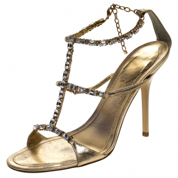Pre Owned Rene Caovilla Metallic Gold Crystal Embellished Strappy Sandals Size 38