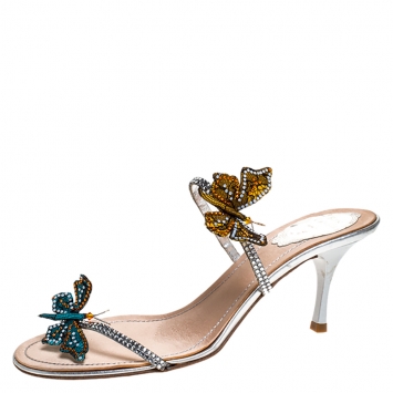 Pre Owned René Caovilla Multicolor Lame Fabric And Lace Butterfly Crystal Embellished Slide Sandals Size 39