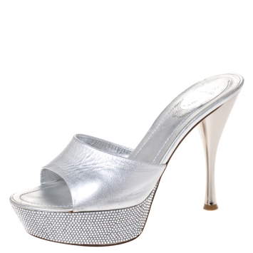Pre Owned René Caovilla Silver Leather Crystal Embellished Platform Sandals Size 37.5