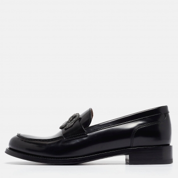 Pre Owned René Caovilla Black Leather Crystals Morgana Loafers Size 37.5