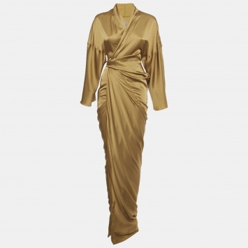 Pre Owned فستان ريك اوينز ساتان بني عسلي طويل ملفوف متوسط