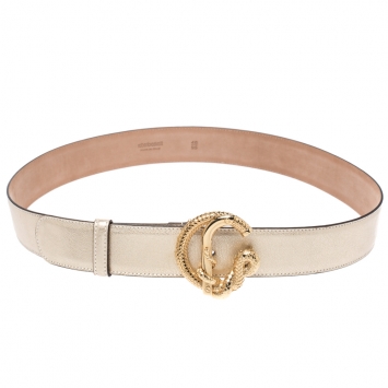 Pre Owned Roberto Cavalli Metallic Gold Leather Snake Buckle Belt 95CM