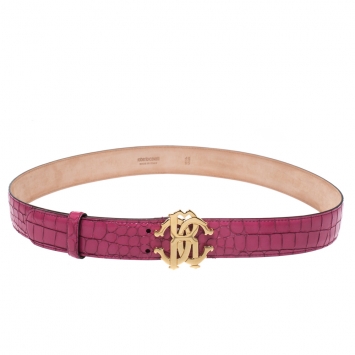 Pre Owned Roberto Cavalli Fuchsia Croc Embossed Leather Logo Buckle Belt 95CM
