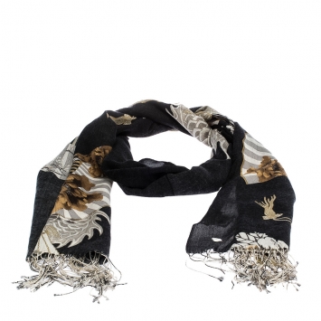Pre Owned Roberto Cavalli Black & Brown Floral Printed Cashmere Blend Scarf 