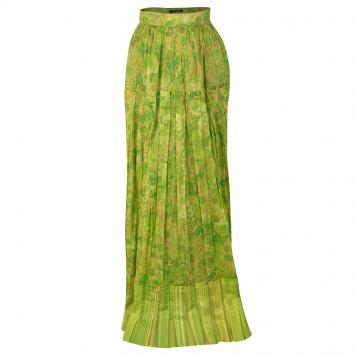 Pre Owned Roberto Cavalli Green and Yellow Floral Printed Cotton Pleat Detail Maxi Skirt M