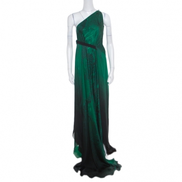 Pre Owned Roberto Cavalli Green and Black Ombre Feather Printed Silk Draped Maxi Dress L