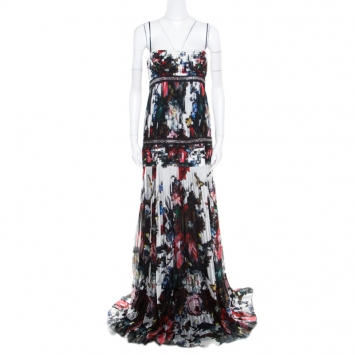 Pre Owned Roberto Cavalli Floral Printed Pleated Silk Chain Detail Maxi Dress L
