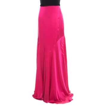 Pre Owned Roberto Cavalli Magenta Pink Silk Satin Flared Maxi Skirt L