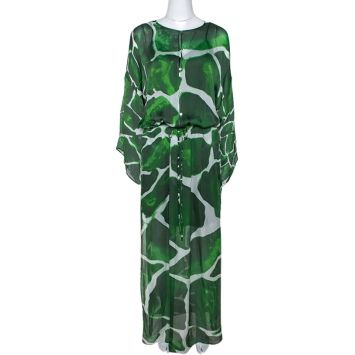Pre Owned Roberto Cavalli Green Gaia Print Silk Chiffon Kaftan M