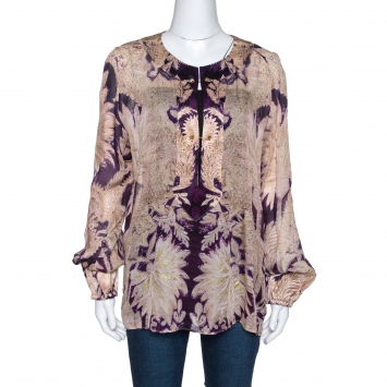 Pre Owned Roberto Cavalli Purple Floral Foil Print Silk Tunic Top L