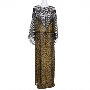 Pre Owned Roberto Cavalli Black & Green Animal Print Silk Maxi Dress L