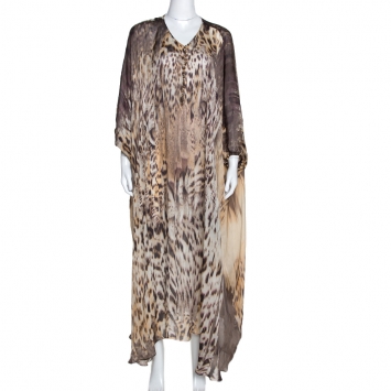 Pre Owned Roberto Cavalli Brown Animal Print Silk Kaftan Dress L