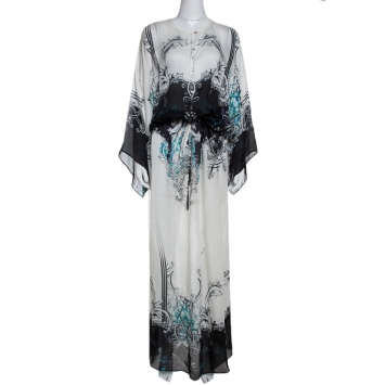 Pre Owned Roberto Cavalli Black & White Abstract Print Silk Maxi Dress M