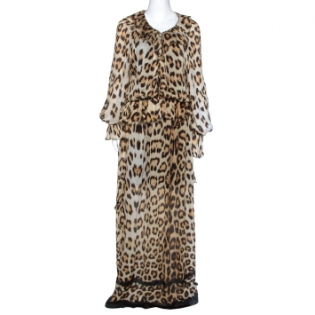 Pre Owned Roberto Cavalli Brown Animal Print Silk Maxi Dress L