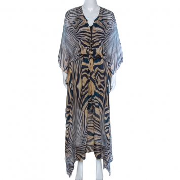 Pre Owned Roberto Cavalli Multicolor Wave Print Silk Maxi Dress M