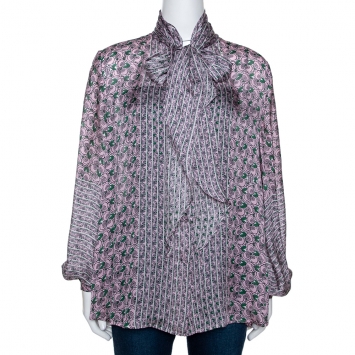 مملوكة مسبقًا Roberto Cavalli Pale Pink Rose Print Silk Sheer Blouse L