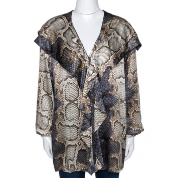 Pre Owned Roberto Cavalli Grey Snake Print Silk Satin Ruffled Blouse L