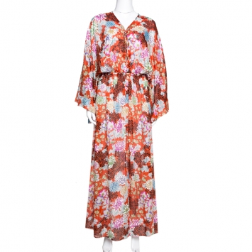 Pre Owned Roberto Cavalli Orange Floral Print Silk Front Slit Detail Maxi Kaftan M