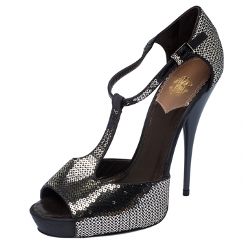 Pre Owned Roberto Cavalli Metallic Silver Sequin Platform Ankle Strap Sandals Size 38