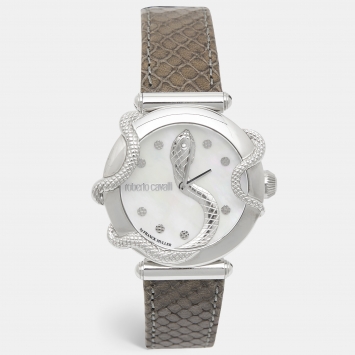 Pre Owned Roberto Cavalli by Franck Muller Mother of Pearl Stainless Steel Leather 2L020 Women's Wristwatch 35 mm
