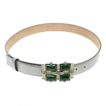 Pre Owned Roberto Cavalli Grey Leather Crystal Embellished Buckle Belt 85cm