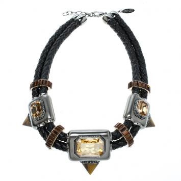 Pre Owned Roberto Cavalli Crystal Embellished Braided Leather Statement Choker Necklace