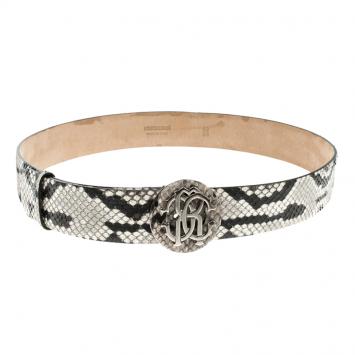 Pre Owned Roberto Cavalli Grey/Black Snakeskin Logo Buckle Belt 85CM