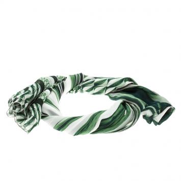 Pre Owned Roberto Cavalli Green and White Abstract Print Metallic Edge Detail Silk Stole