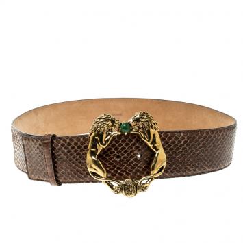 Pre Owned Roberto Cavalli Brown Python Lion Buckle Belt 90cm
