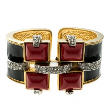 Pre Owned Roberto Cavalli Art Deco Black Enamel Crystal Gold Tone Wide Cuff Bracelet