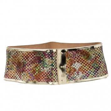 Pre Owned Roberto Cavalli Gold/Multicolor Laser Cut Leather Wide Waist Belt 85cm